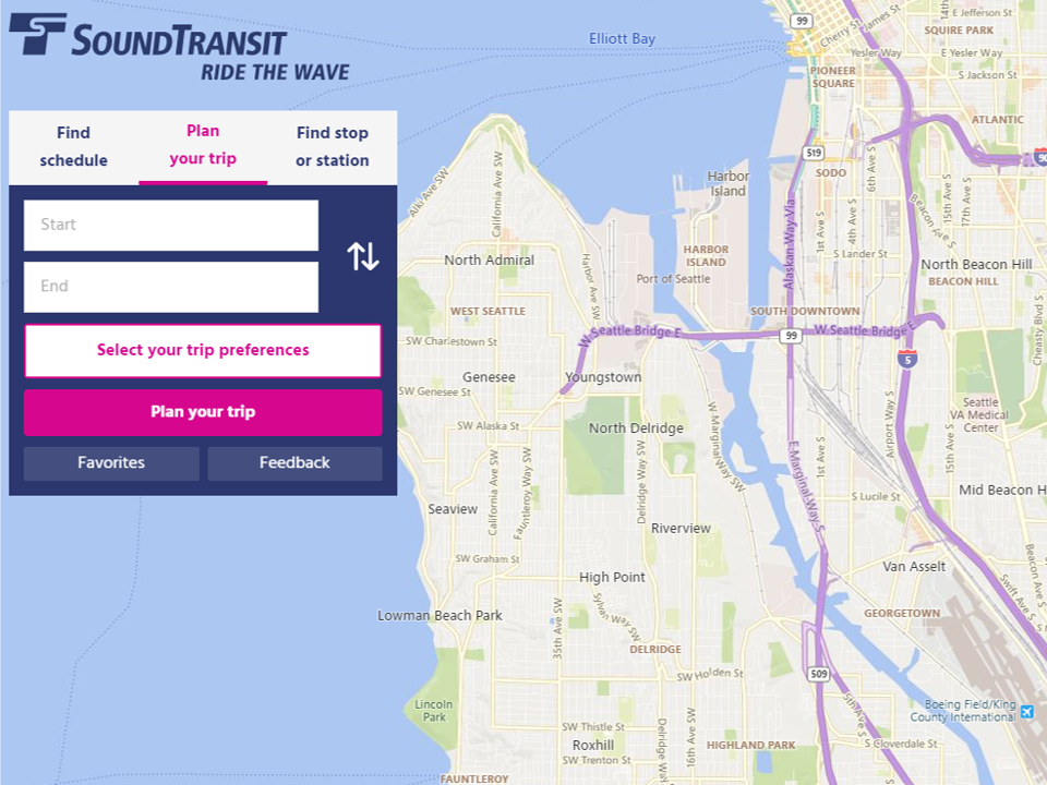 An image of Sound Transit's trip planner webpage