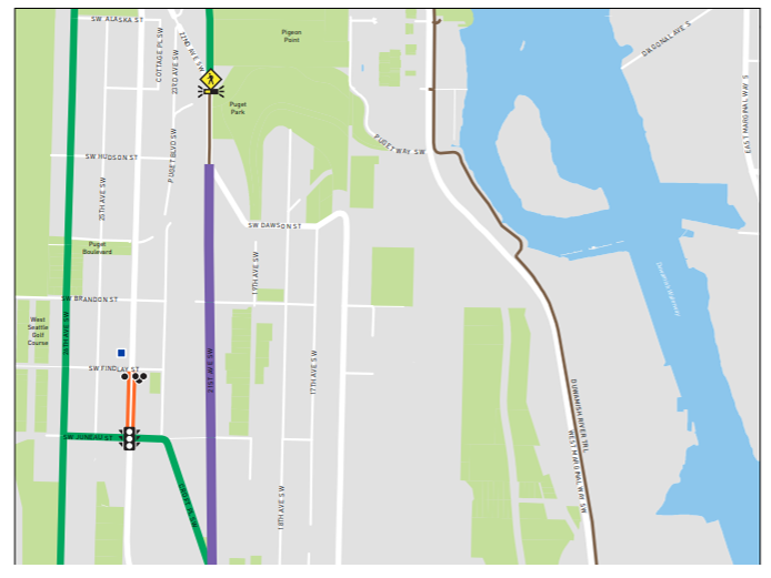 A map showing the Stay Healthy Street in Delridge and Highland Park area. It is located on 21st Ave SW from the southern edge of Puget Park and eventually ends up on 17th Ave SW, with a eastbound segment to Highland Park along SW Trenton St