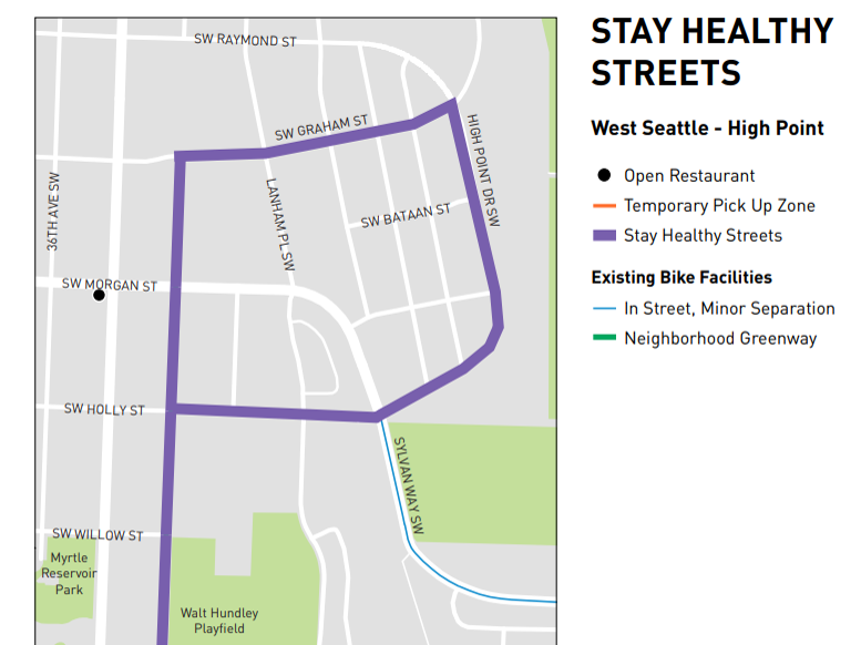 A map of the Stay Healthy Street in West Seattle on High Point DR SW, which loops around to SW Graham St and SW Holly St, and continues southbound on 34th Ave SW