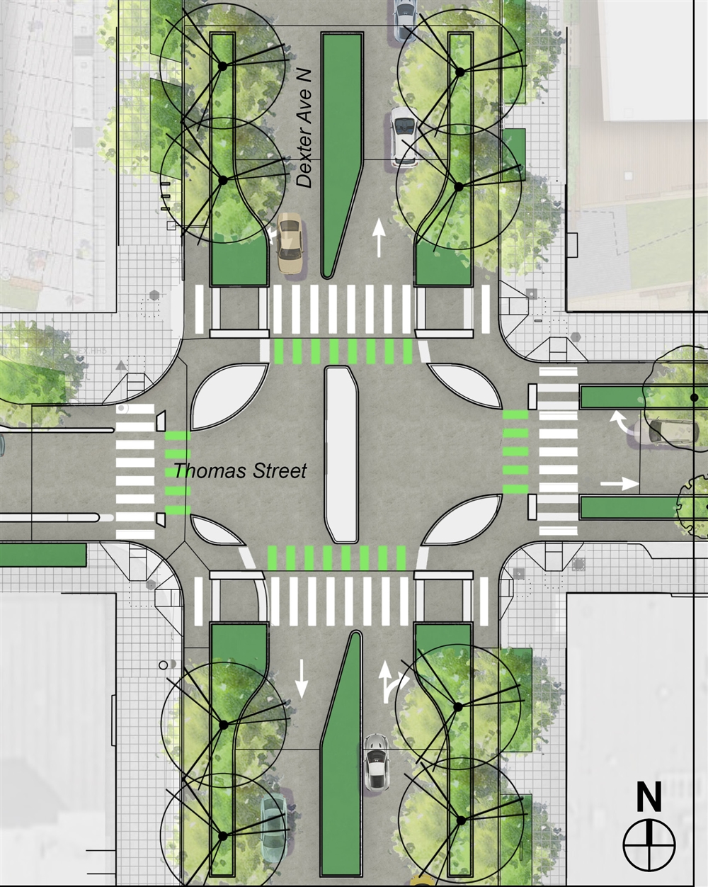 Map showing the plans for the protected intersection of Dexter and Denny