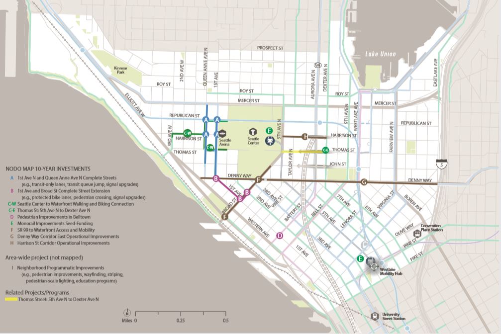 Map showing North Downtown Mobility Action Plan's 10 year investments and projects.