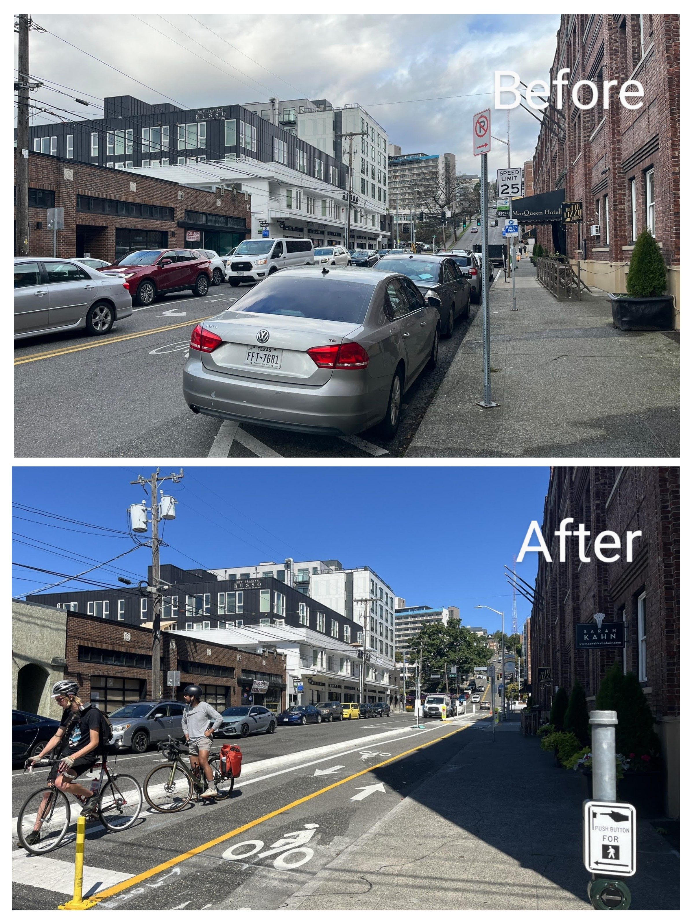 Two side-by-side photos showing the same block along Queen Anne Avenue near the MarQueen Hotel. The top photo, labeled ‘Before,’ shows parked cars along the curb and no dedicated bike space. The bottom photo, labeled ‘After,’ shows the same street redesigned with a protected bike lane marked by white paint and bollards, with cyclists riding along it. The sidewalk and buildings remain the same, but the curbside parking has been replaced by the bike lane.
