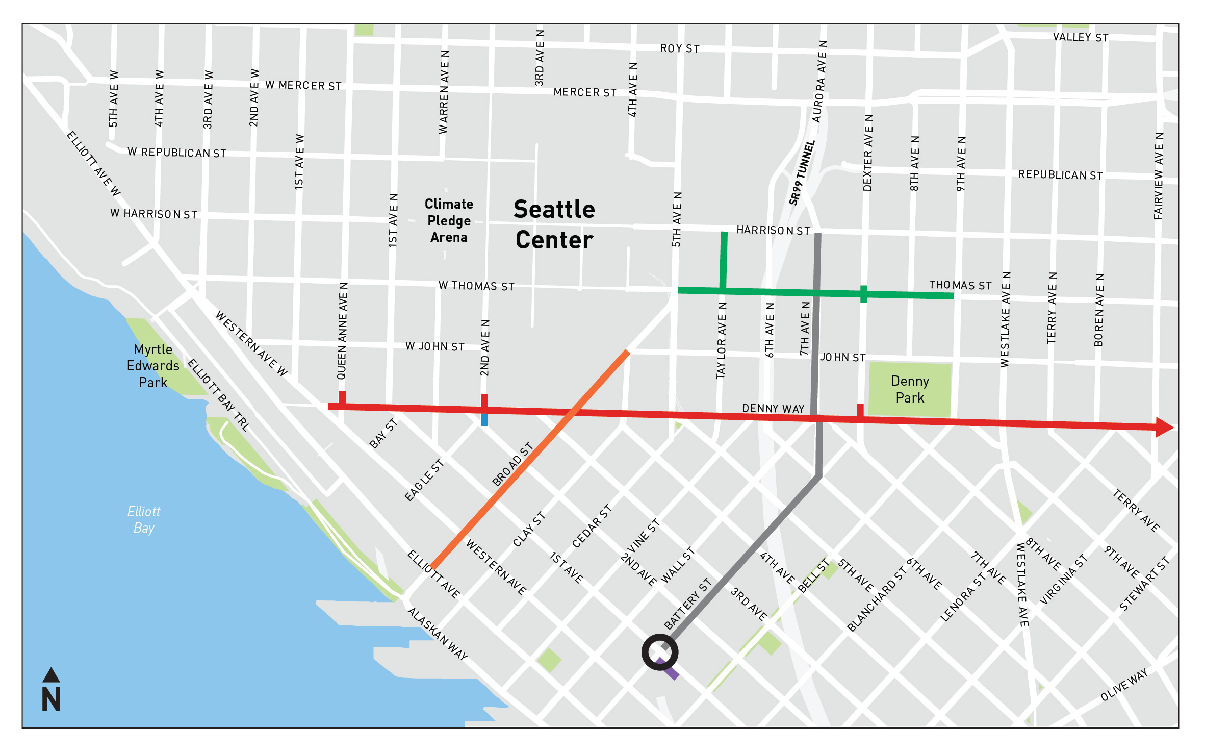 Map showing transportation-related improvement projects near Climate Pledge Arena that will begin construction in 2022.