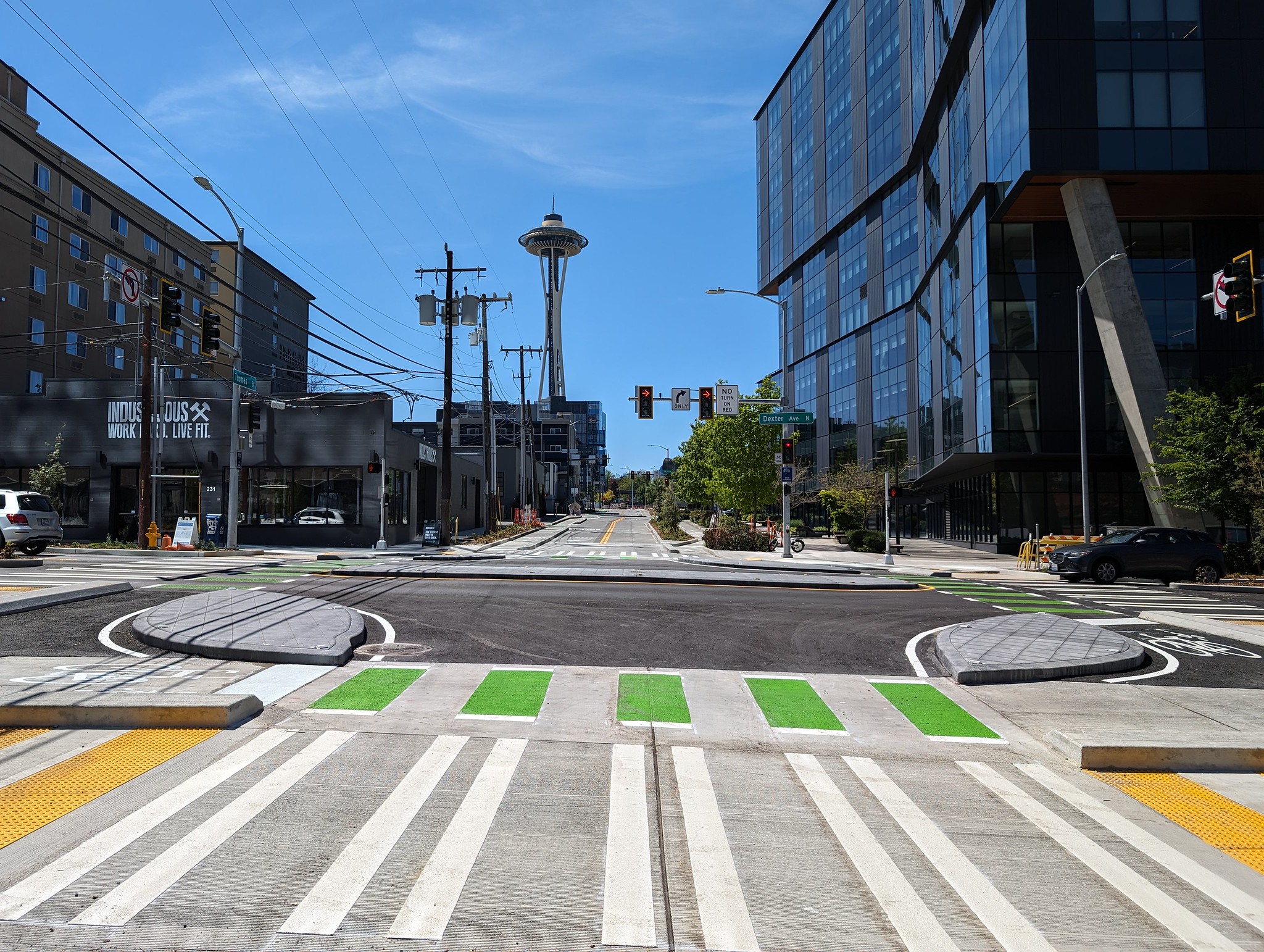 Image of Seattle new protected intersection showing crosswalks, bike crossings, and intersection. 