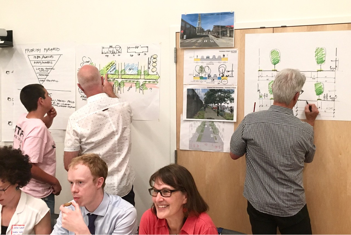 Image showing participants going up to pinned drawings on the wall to add their ideas.