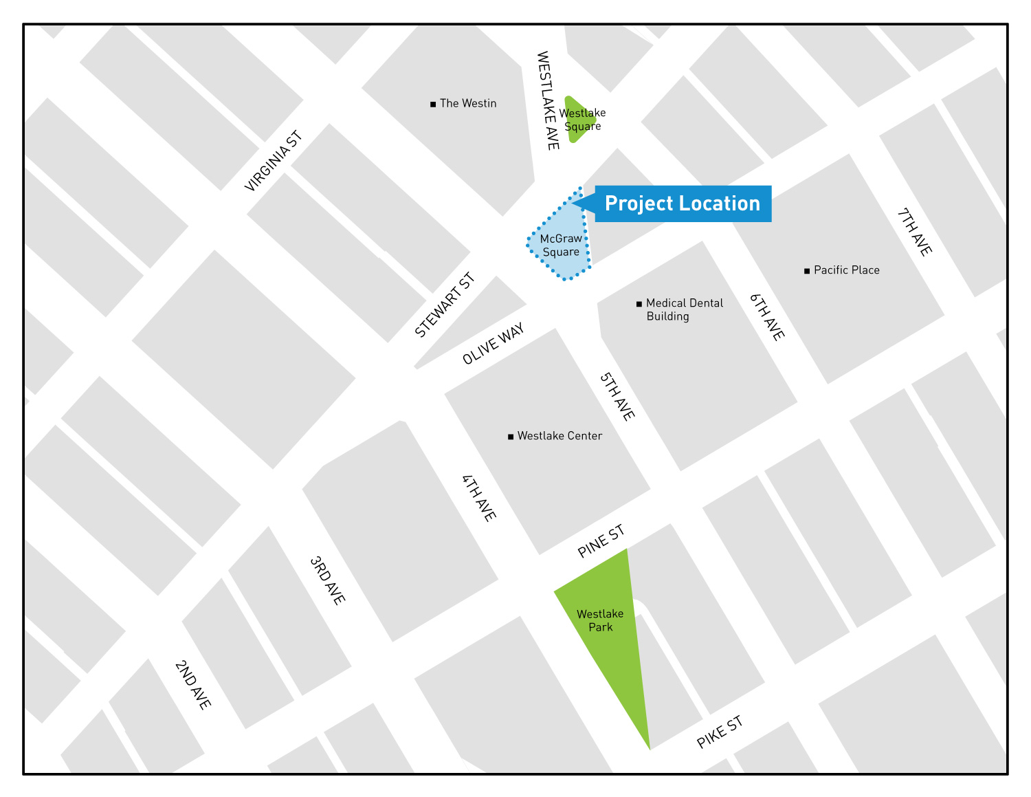 Map showing the location of McGraw Square in downtown Seattle.