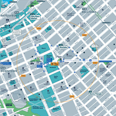 An example of a pedestrian wayfinding map of Seattle with a light background
