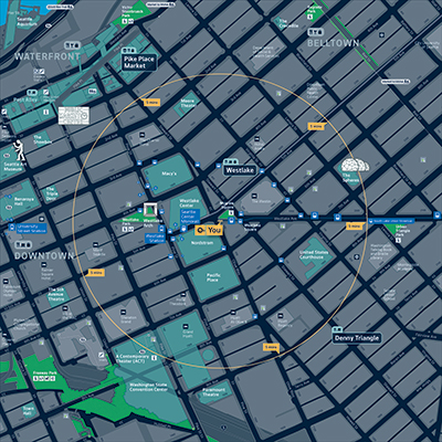 An example of a pedestrian wayfinding map with a dark base