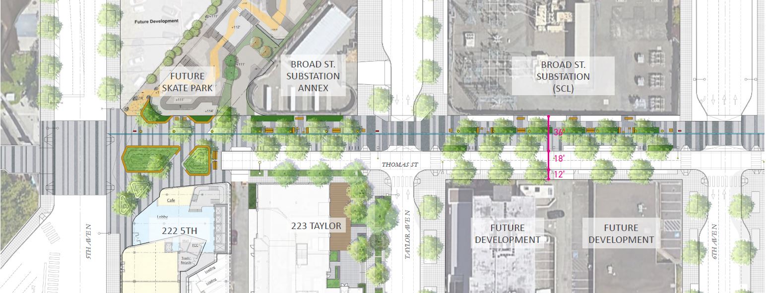 Plan drawing showing proposed changes to Thomas St between 5th Ave N to 6th Ave N.