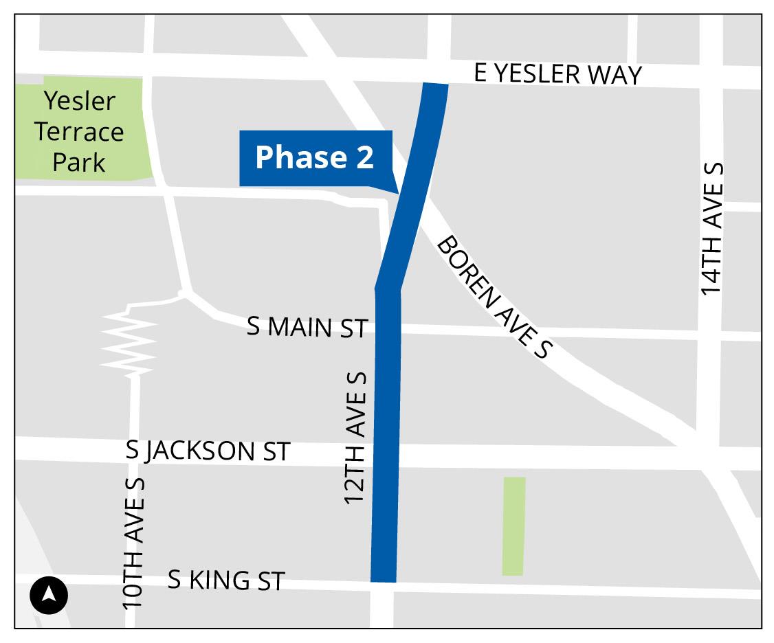 Map showing the project area along 12th Ave S, from S Weller St to E Yesler Way, including intersections with S King St and S Jackson St