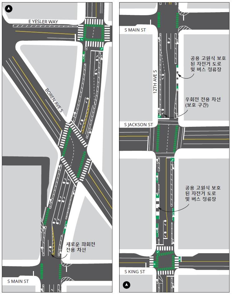 S King St와 E Yesler Way 사이 12th Ave S 구간의 프로젝트 특징을 보여주는 도면