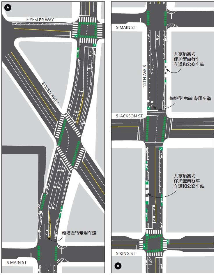 12th Ave S（E Yesler Way 至 S King St 路段）项目设施示意图