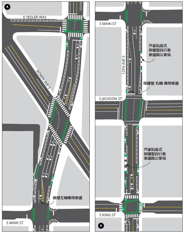 12th Ave S 自 E Yesler Way 至 S King St 路段計畫設施示意圖