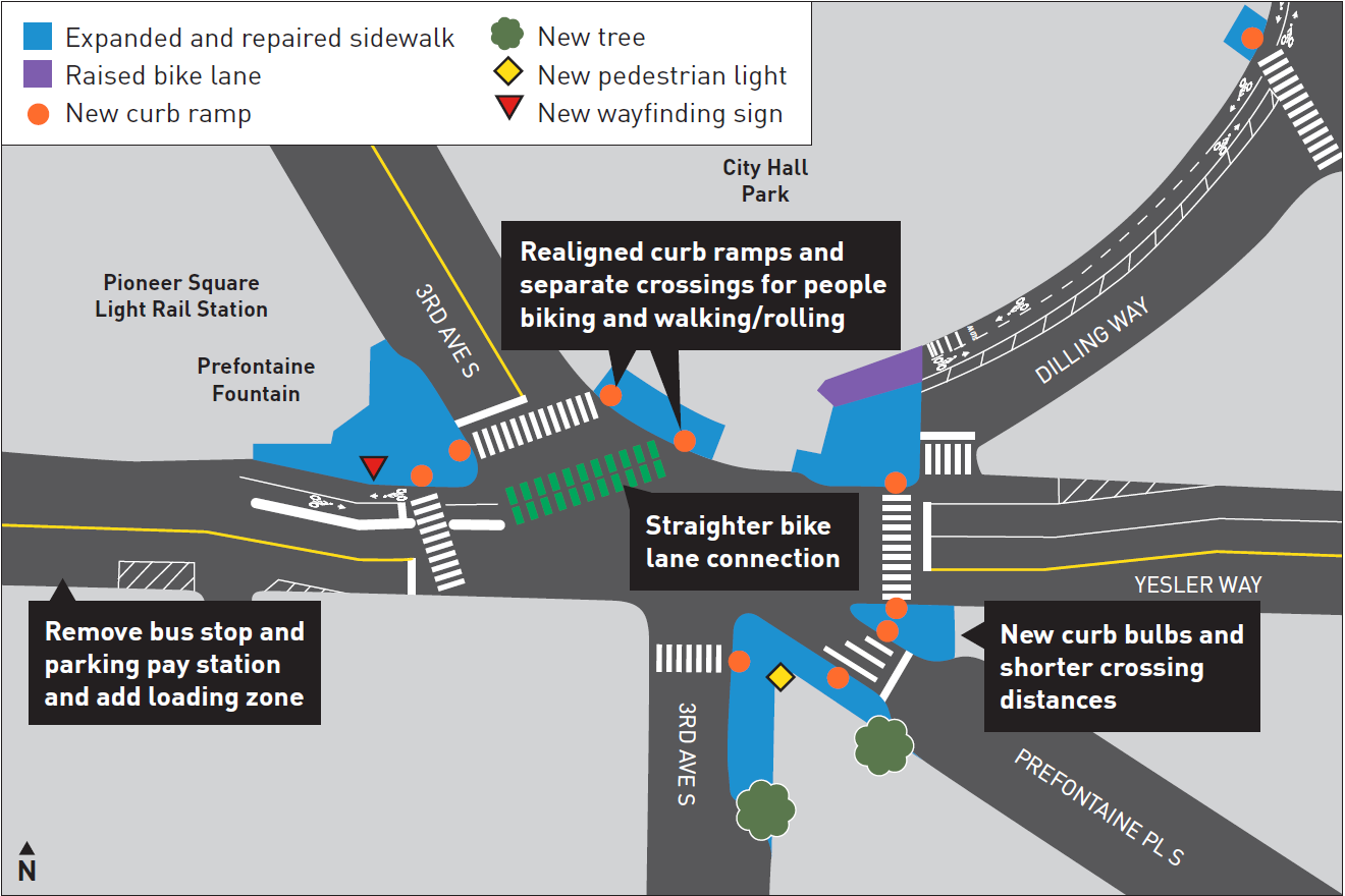 Project map showing proposed permanent improvements and potential future improvements at 3rd Ave and Yesler Way.