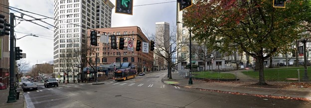 Image shows the conditions today at 3rd Ave and Yesler Way looking north 