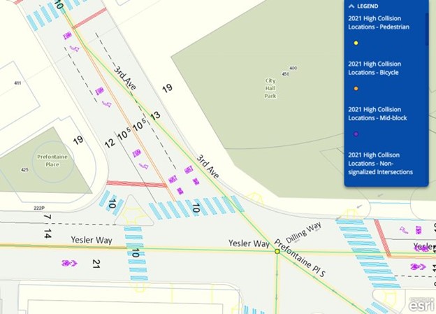 A graphic map showing an aerial view of conditions today at 3rd Ave and Yesler Way 