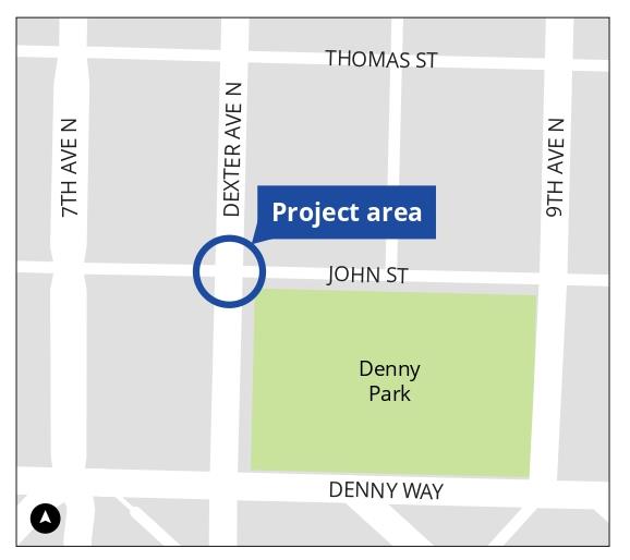 Area map showing intersection of Dexter Ave N and John St with surrounding blocks and Denny Park