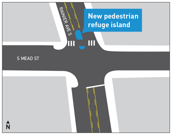 A rendering of the intersection of Rainier Ave S and S Findlay St where a pedestrian island will be installed across Rainier Ave S.