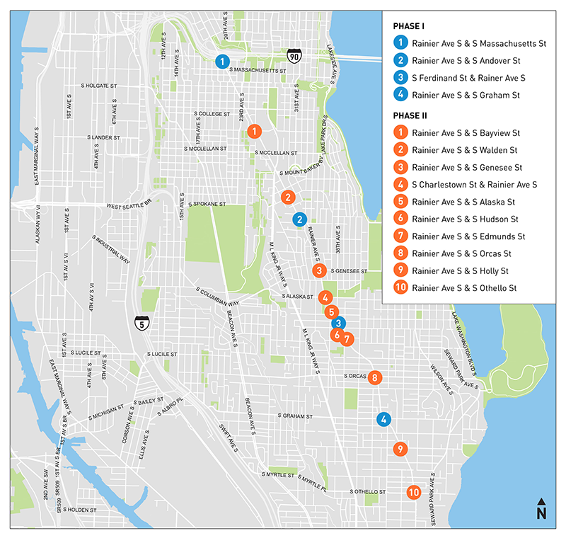 Map of south Seattle, including Rainier Avenue S, with 4 intersections along Rainier Ave S designated for Phase 1 Construction and 10 intersections designated for Phase 2 construction. Selected intersections run north from S Massachusetts St down to S Othello St.