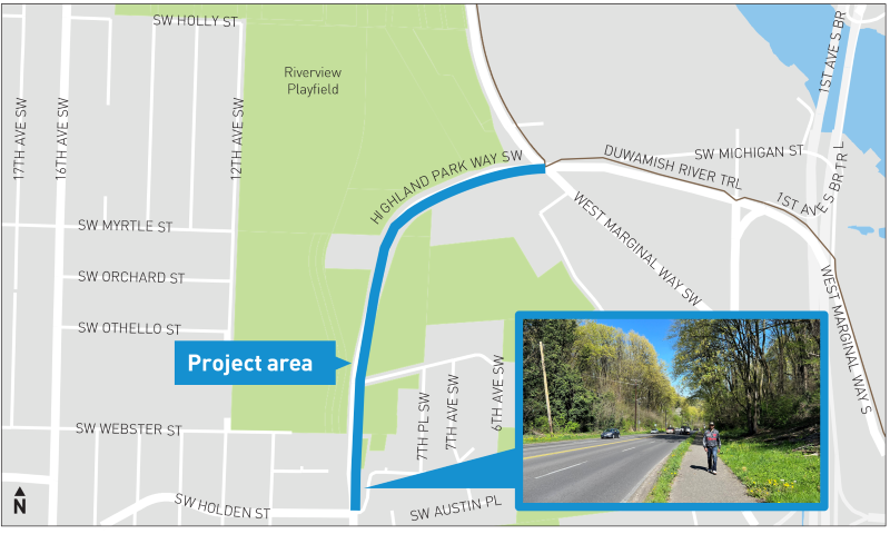 Map of the project area, which runs along Highland Park Way Southwest from Southwest Holden Street to West Marginal Way Southwest and the Duwamish River Trail. The map includes a photo of a person walking on the existing path along Highland Park Way Southwest 