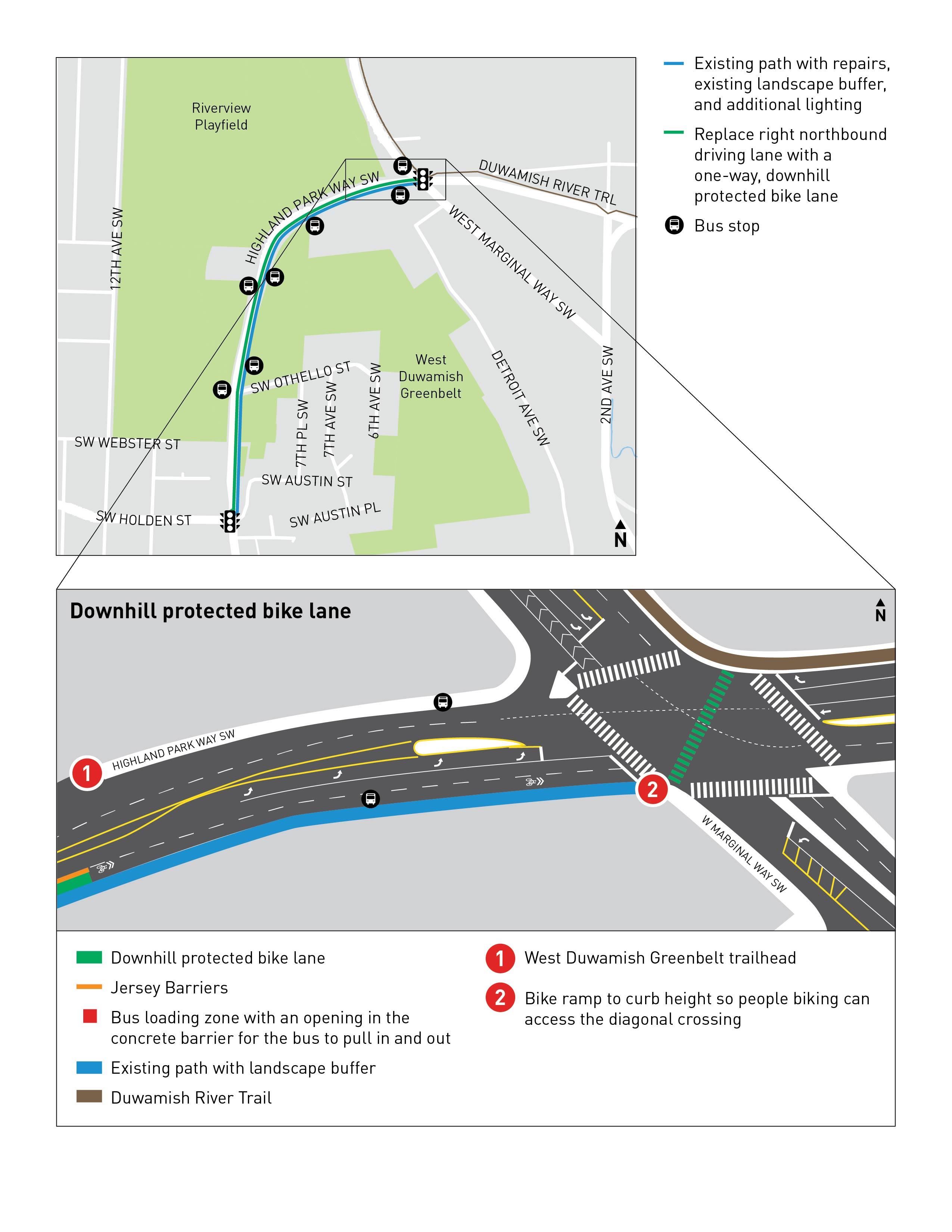 Map of the project area on Highland Park Way SW with a detailed view of the intersection with West Marginal Way SW.