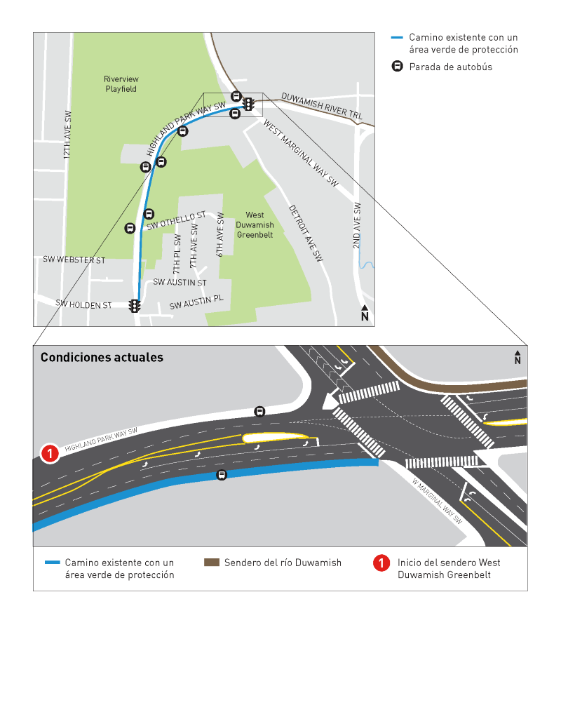 Un mapa de Highland Park Way Southwest que muestra una nueva ciclovía protegida que sale de la Southwest Holden Street a la West Marginal Way Southwest con un gráfico adicional a continuación que muestra la parte ampliada del área del proyecto en la intersección de Highland Park Way Southwest y la West Marginal Way Southwest. En el gráfico ampliado del área del proyecto, se destaca la nueva ciclovía protegida cuesta abajo, así como una nueva barrera de concreto entre la carretera y la ciclovía. Hay una abertura en la barrera de concreto en la parada de autobús para que los autobuses puedan entrar y recoger pasajeros. También se muestran la zona de protección paisajística y el sendero existentes. En la intersección, la ciclovía se eleva a la altura de la acera para que las personas que van en bicicleta puedan acceder a un nuevo cruce diagonal que conduce al sendero del río Duwamish.