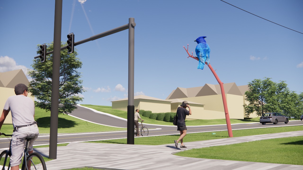 Intersection drawing showing a sculpture of a larger-than-life Stellar's jay sitting on a single branch coming out of the ground. The Stellar's jay sculpture is very tall, and the picture shows a person walking near it. It is about twice their height. There are also two people biking near the sculpture and one person is looking at it.
