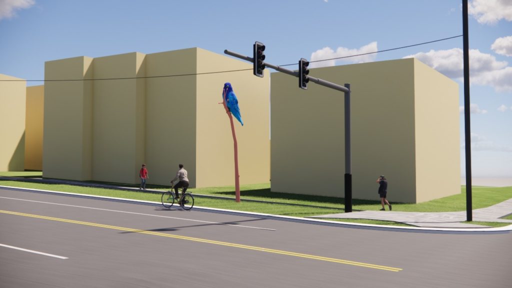 Drawing of a street and sidewalk showing a sculpture of a larger-than-life Stellar's jay sitting on a single branch coming out of the ground. The Stellar's jay sculpture is very tall, and the picture shows two people walking near it. It is about twice their height. There is also person biking on the street near the sculpture.