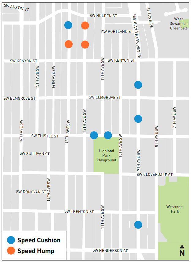 Locations of speed humps and cushions in Highland Park neighborhood