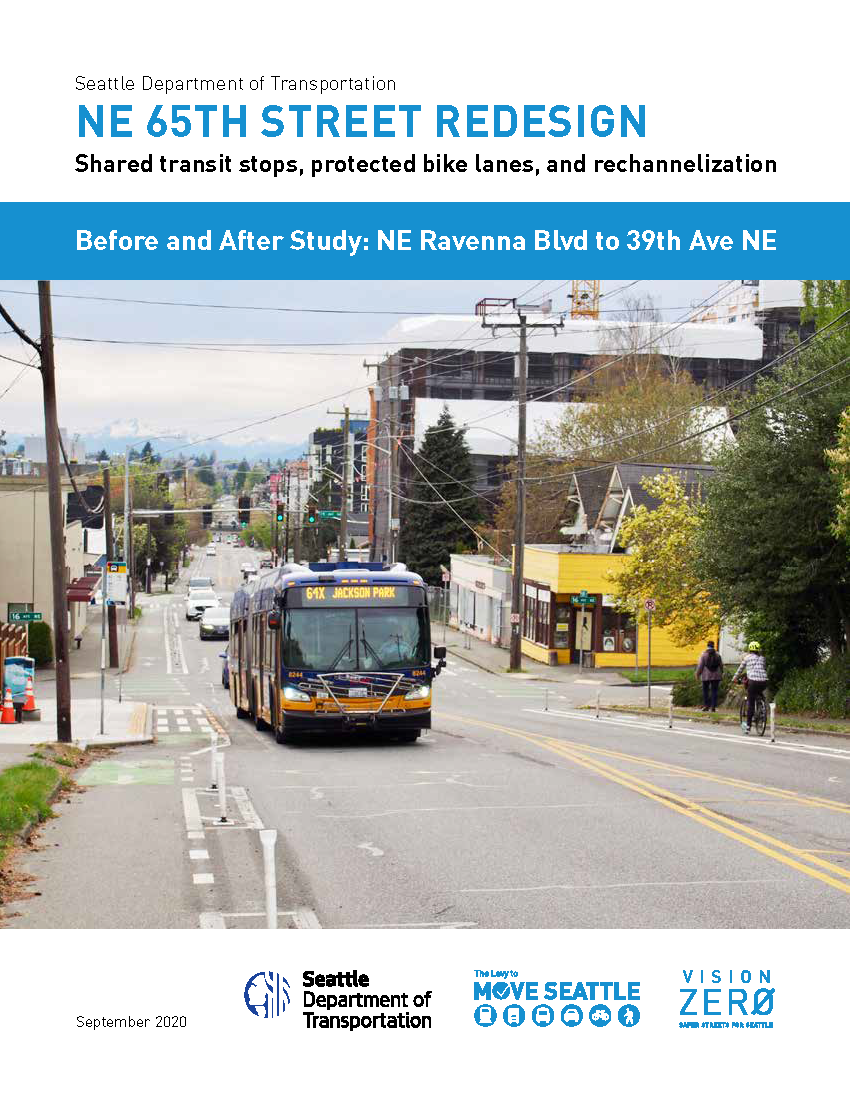 Cover page image from the NE 65th St report showing a Metro bus as well as people walking, biking, and driving on the redesigned street