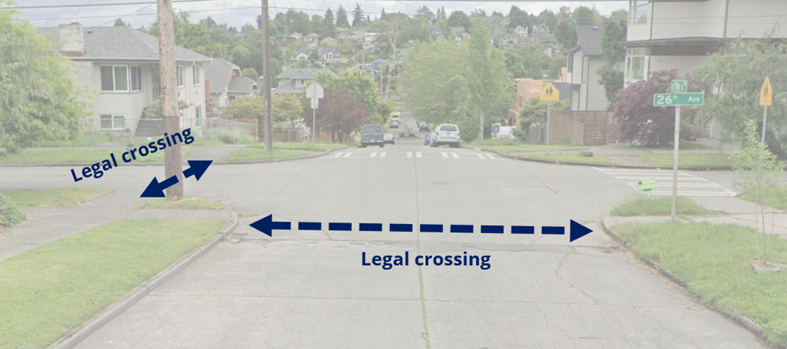 An image showing that all sides of the intersection are legal crosswalks, not just the one marked with paint.