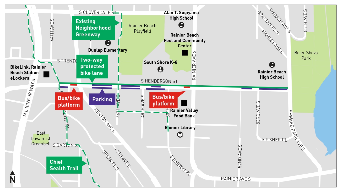 A map of the project area, showing S Henderson St between Martin Luther King Jr Way and Seward Park Ave S