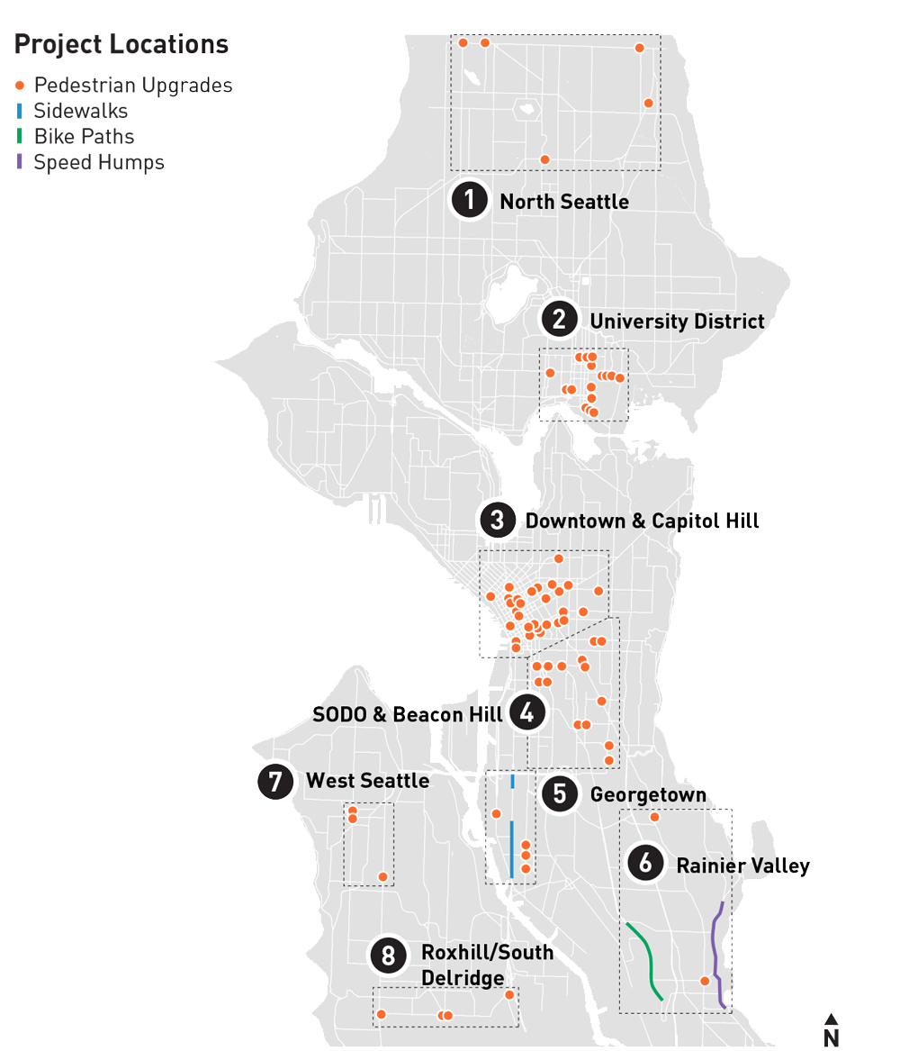 Map of the city showing 1 North Seattle, 2 U-District, 3 Downtown & Capitol Hill, 4 SoDo and Beacon Hill, 5 Georgetown, 6 Rainier Valley, 7 West Seattle, 8 Roxhill and Delridge