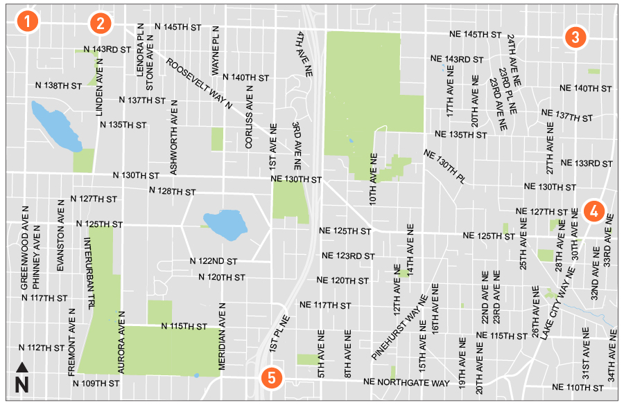 A map showing number 1. Greenwood Ave N and N 145th St Number 2.  Linden Ave N and N 145th St Number 3. 30th Ave NE and NE 145th St   Number 4. Lake City Way NE and NE 127th St Number 5. 1st Ave NE and NE Northgate Way  