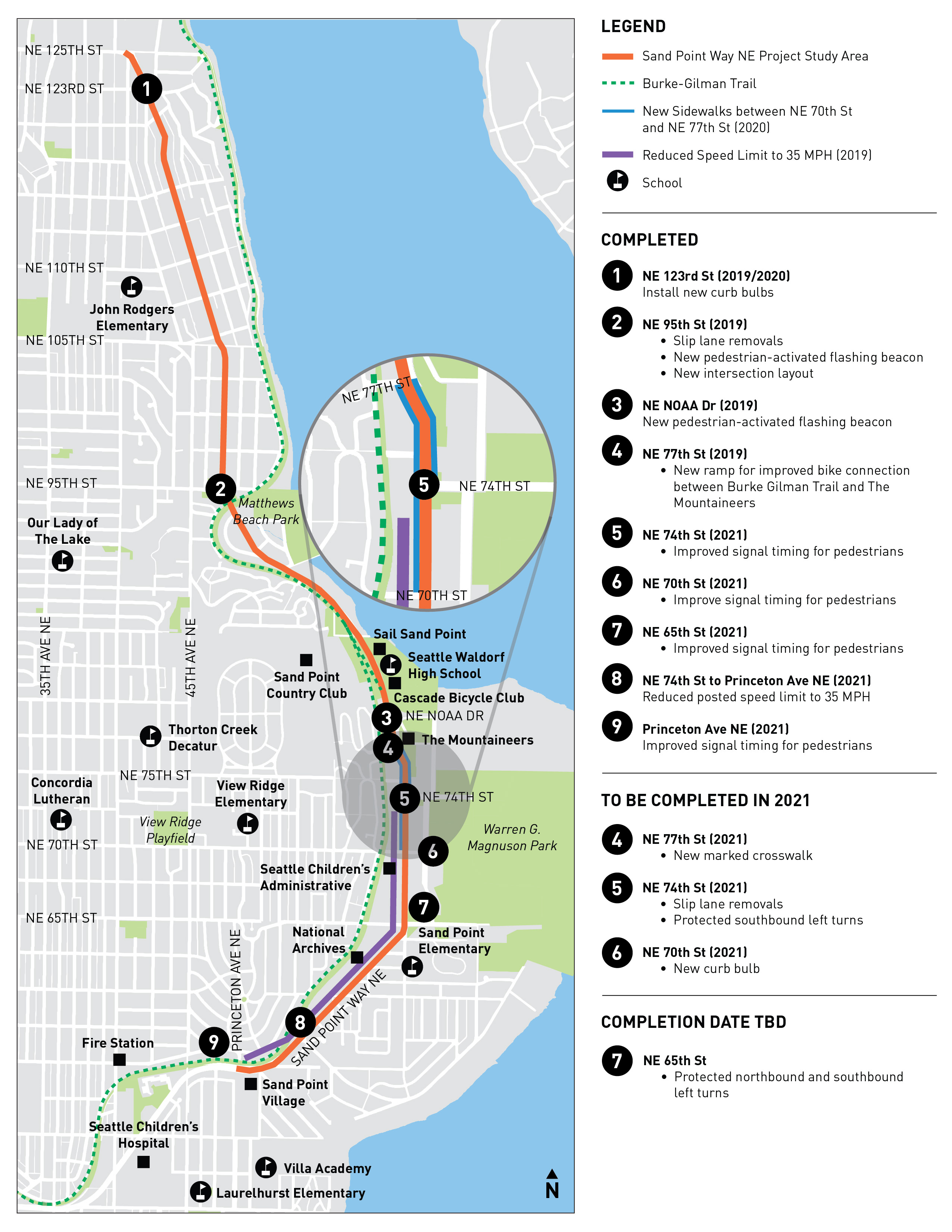 The image shows the scope of the project, which is along Sand Point Way from NE 70th St to NE 77th St