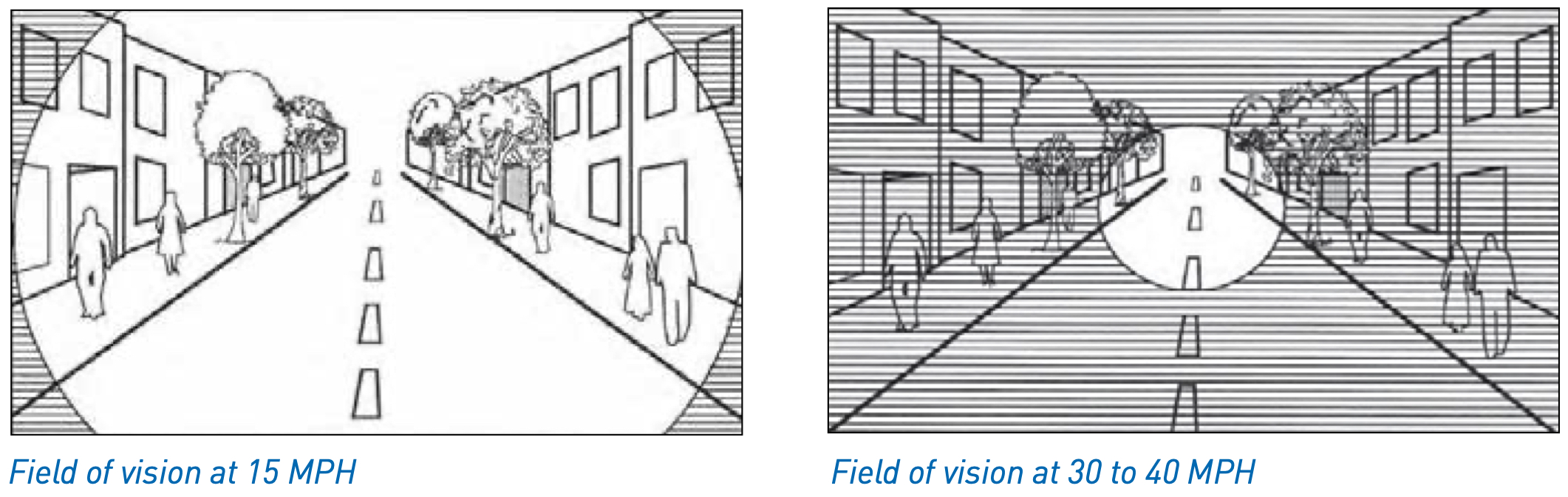 Comparison of a driver's field of vision at 15 mph and at 30 mph. The 15mph driver can see the road as well as pedestrians off to the sides, the 30 to 40 mph driver can only see a narrow portion of the road.