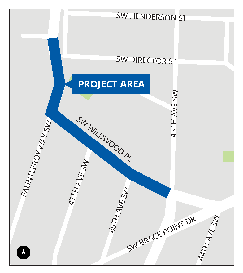 Graphic Map of the Fauntleroy PBL project, with a dark blue bar showing the project zone