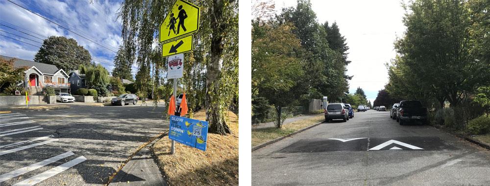 An intersection showing a "Slow the Flock Down" sign by a crosswalk, and a 20mph street with speed bumps which is good for 20 is Plenty signs