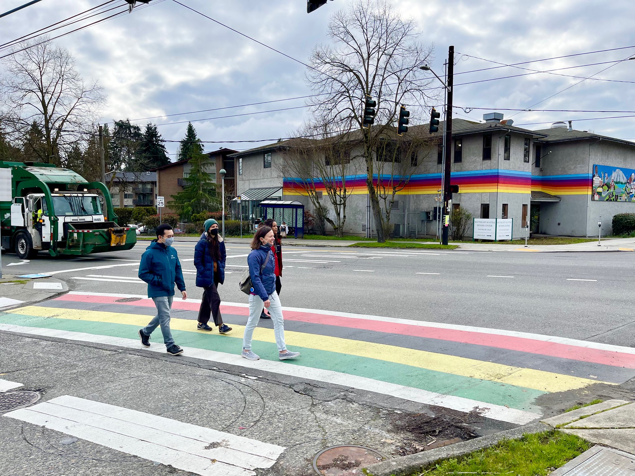 People crossing on the new Rainier improvements.