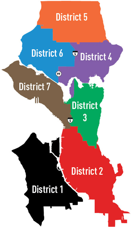 Distric Map of Seattle: To view project updates, click on a district below to view the updates specific to that region.