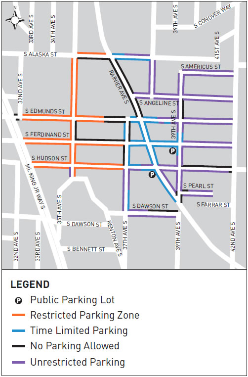 Map of Columbia City parking restrictions showing restricted parking, time limited parking, unrestricted parking, and no parking