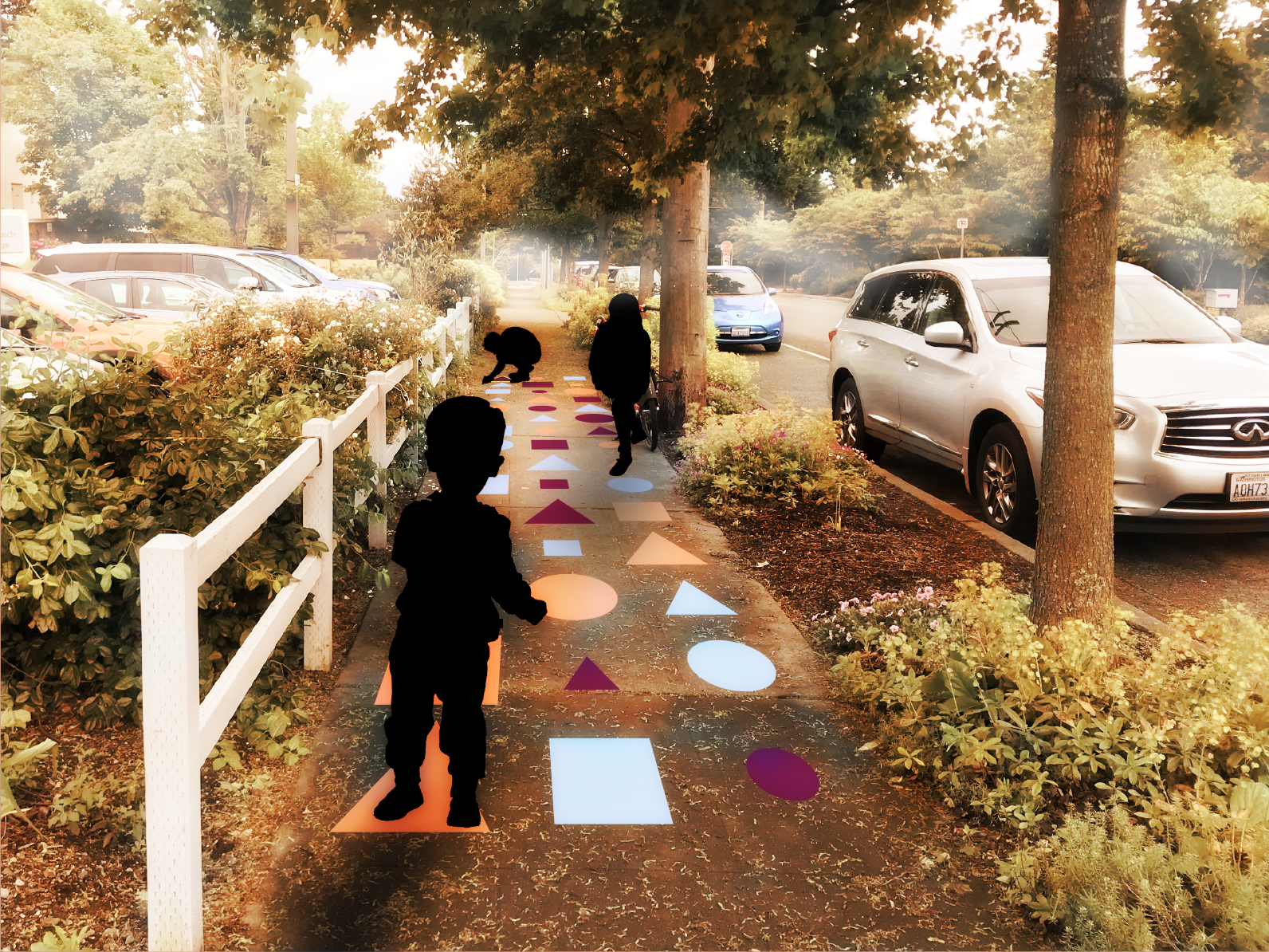 A rendering of the project after completion with children walking on the Learning Landscape sidewalk