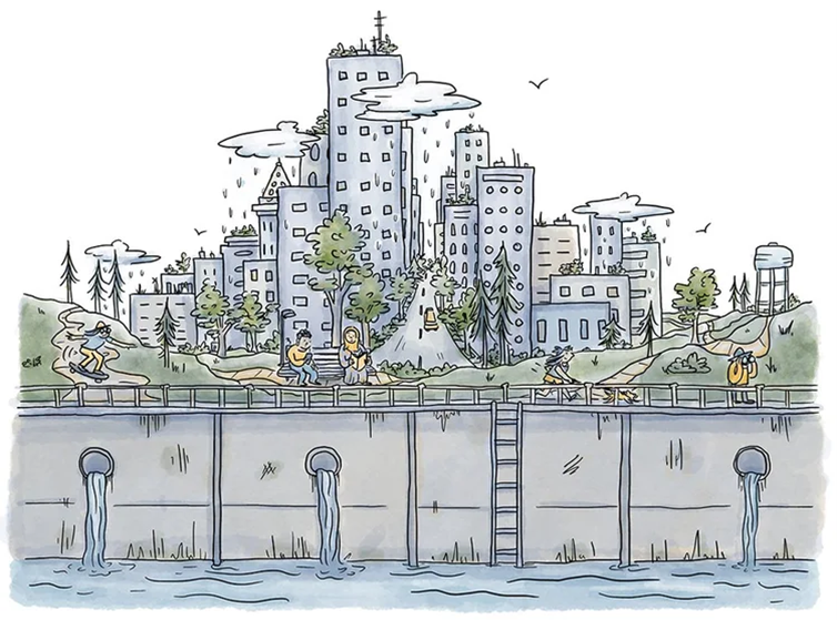 Illustration of Seattle's stormwater overflow. Rain falls from clouds onto a city and round openings in a seawall drain water a large body of water.