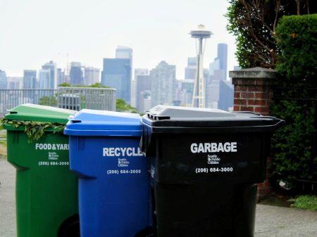 Garbage, yard waste, and recycling bins outside a home.