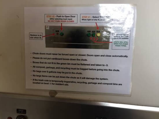 Printed, laminated, overly complex instruction sheet on wall above chute.