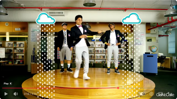 Video still of three dancers in a school library with animated clouds and rain.