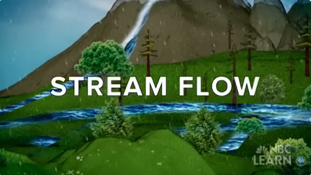 Video still of animated mountain scene with the text "stream flow".