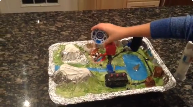 A model of a watershed on a kitchen counter.
