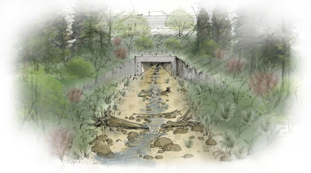 A watercolor sketch of a sandy creek running through a box-shaped culvert at the end.