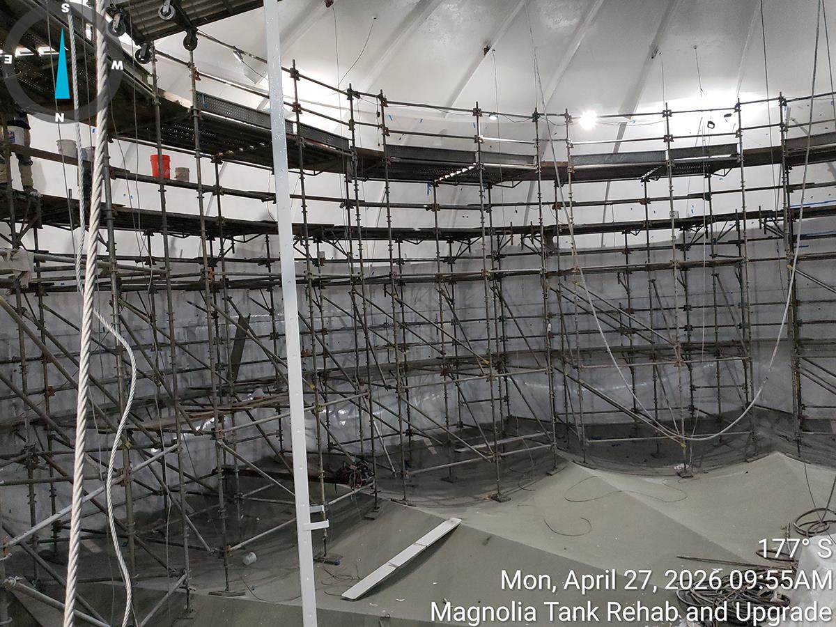 Tall scaffolding inside a large domed structure.